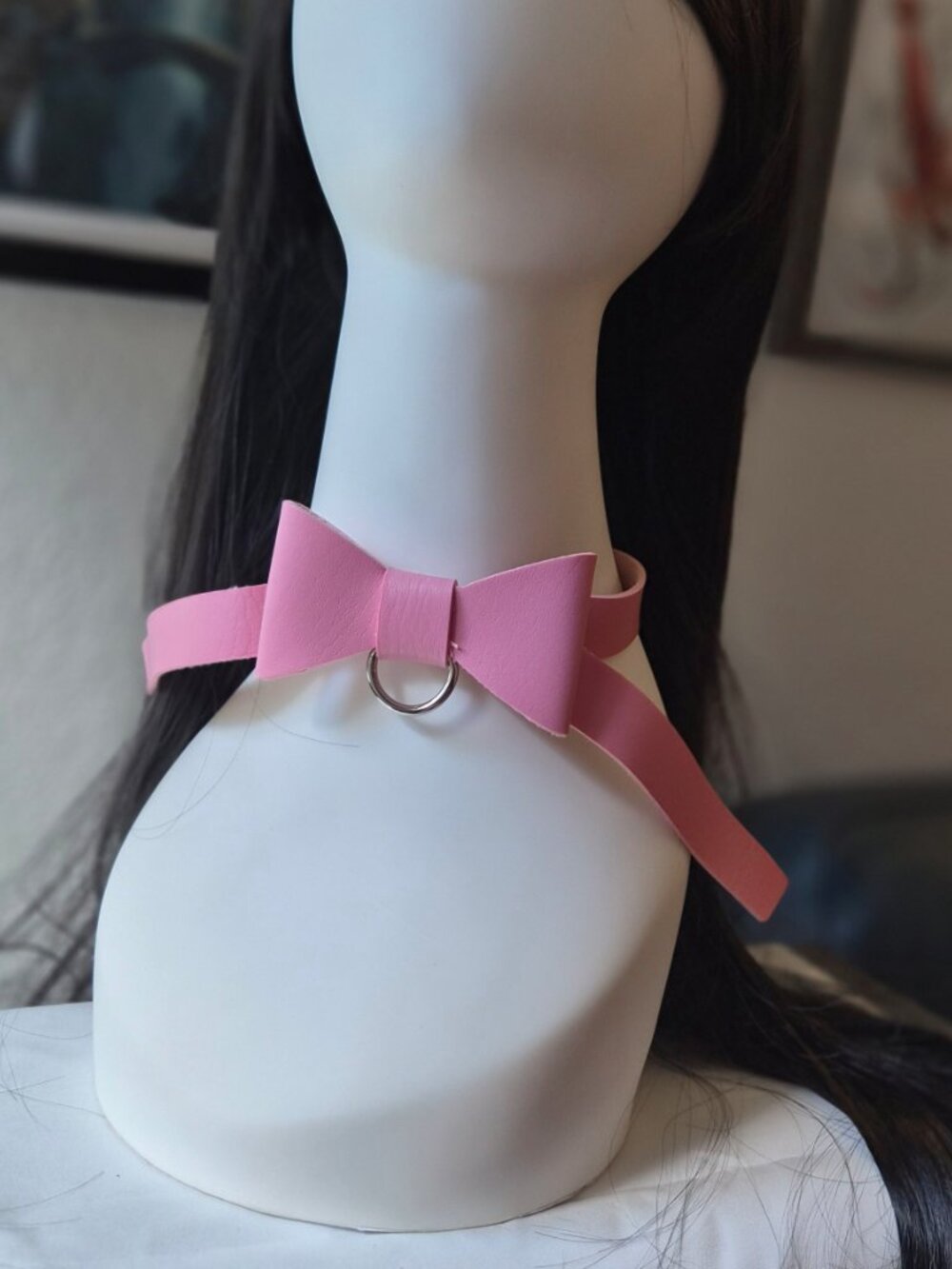 Pink bow fake leather choker with metal ring
